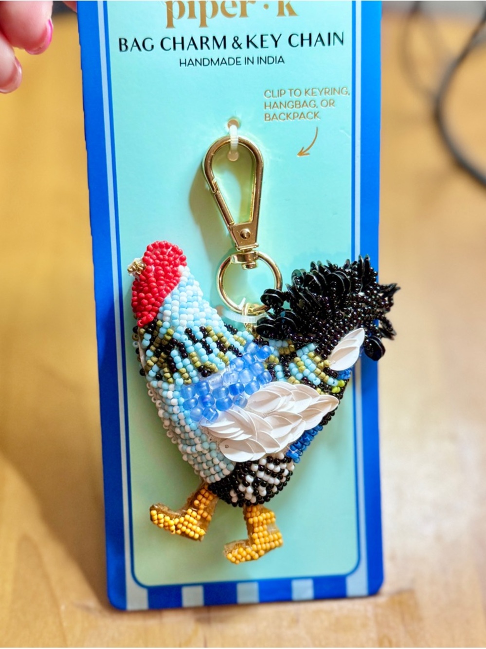 Piper K Beaded Rooster Bag Charm Keychain in Red, Blue, Black & Yellow